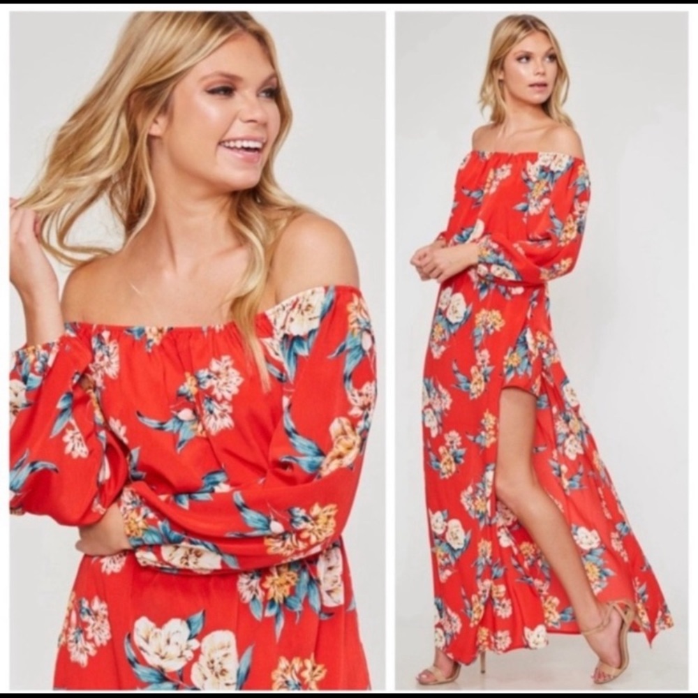 Red floral maxi dress combo romper